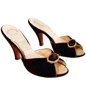 1950s Vintage Genuine Springolator Brown Real Velvet High Heel Slides Shoes